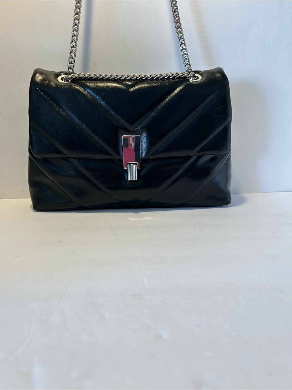 Aldo Black Quilted Chain-Handle Shoulder Bag with Silver Hardware